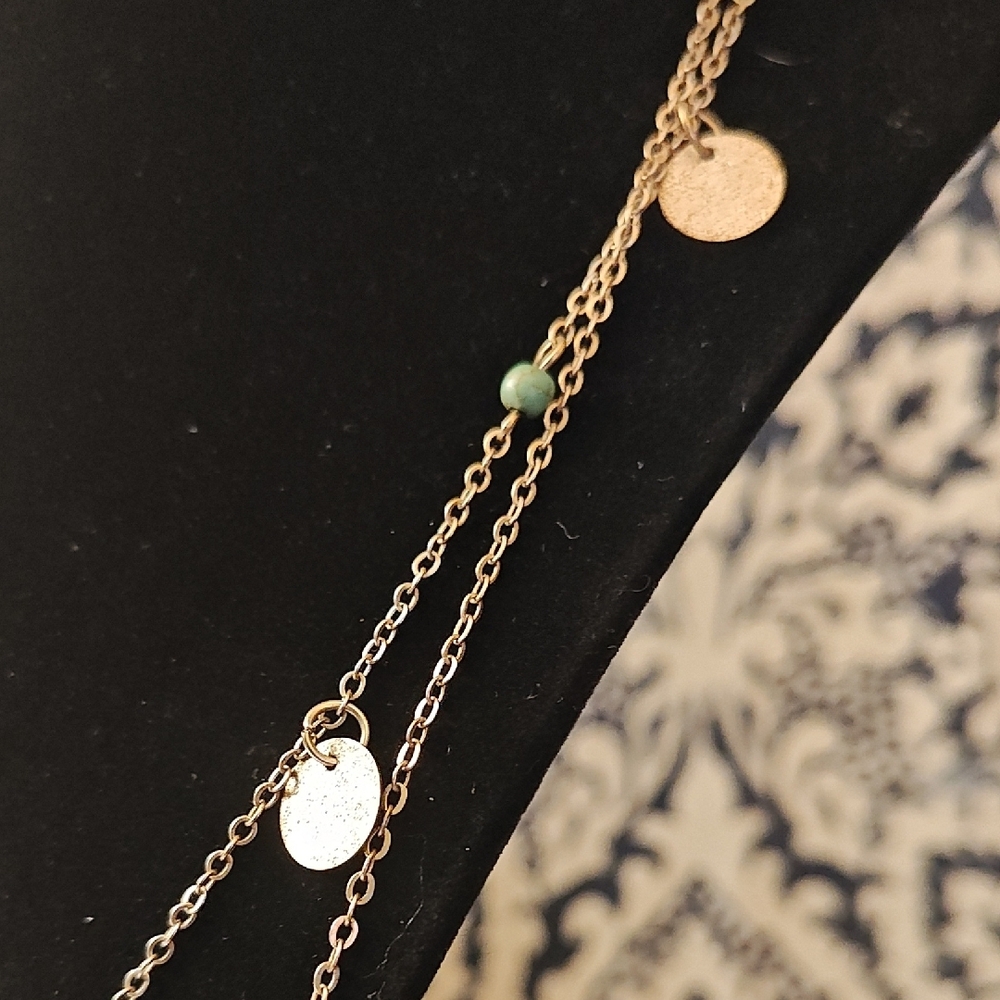 Gold Layered Disc Necklace with Green Bead Accents - Women Jewelry - Picture 3 of 5